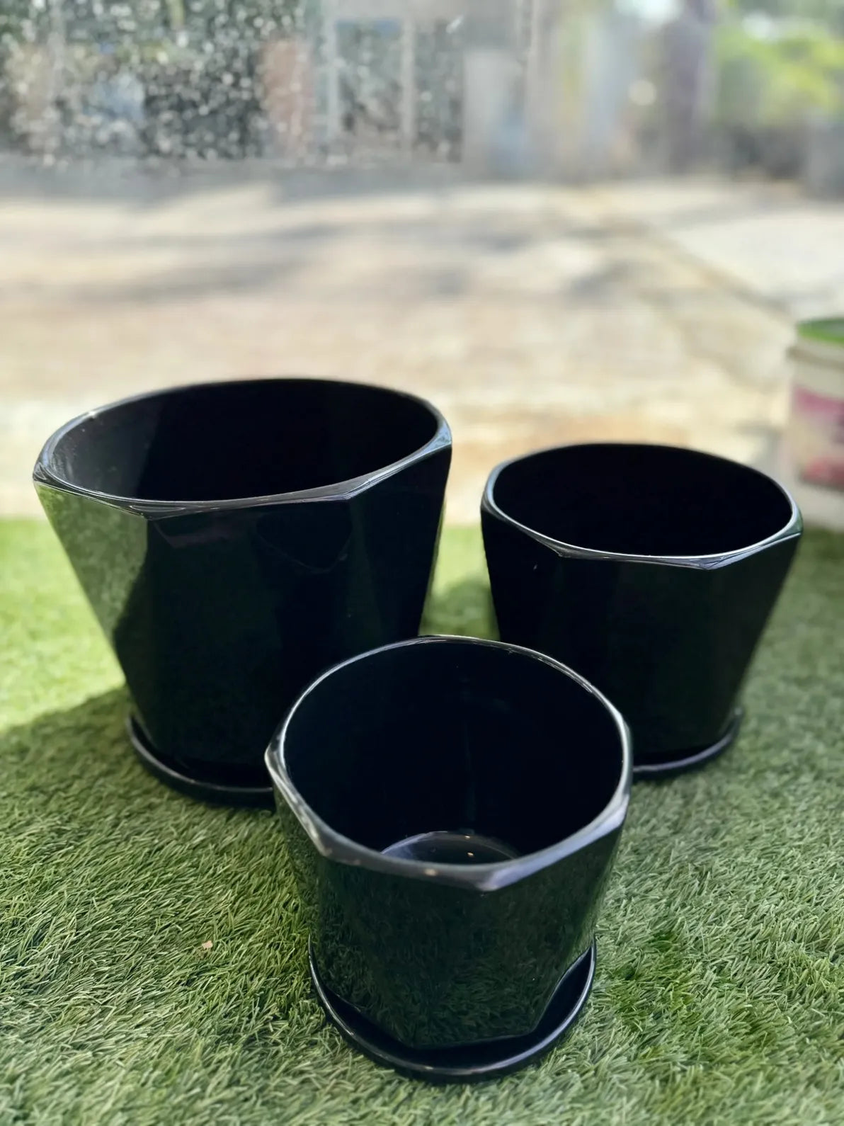 Black Ceramic Planter Set (Set of 3) with stylish geometric design, perfect for indoor/outdoor use in Dubai.