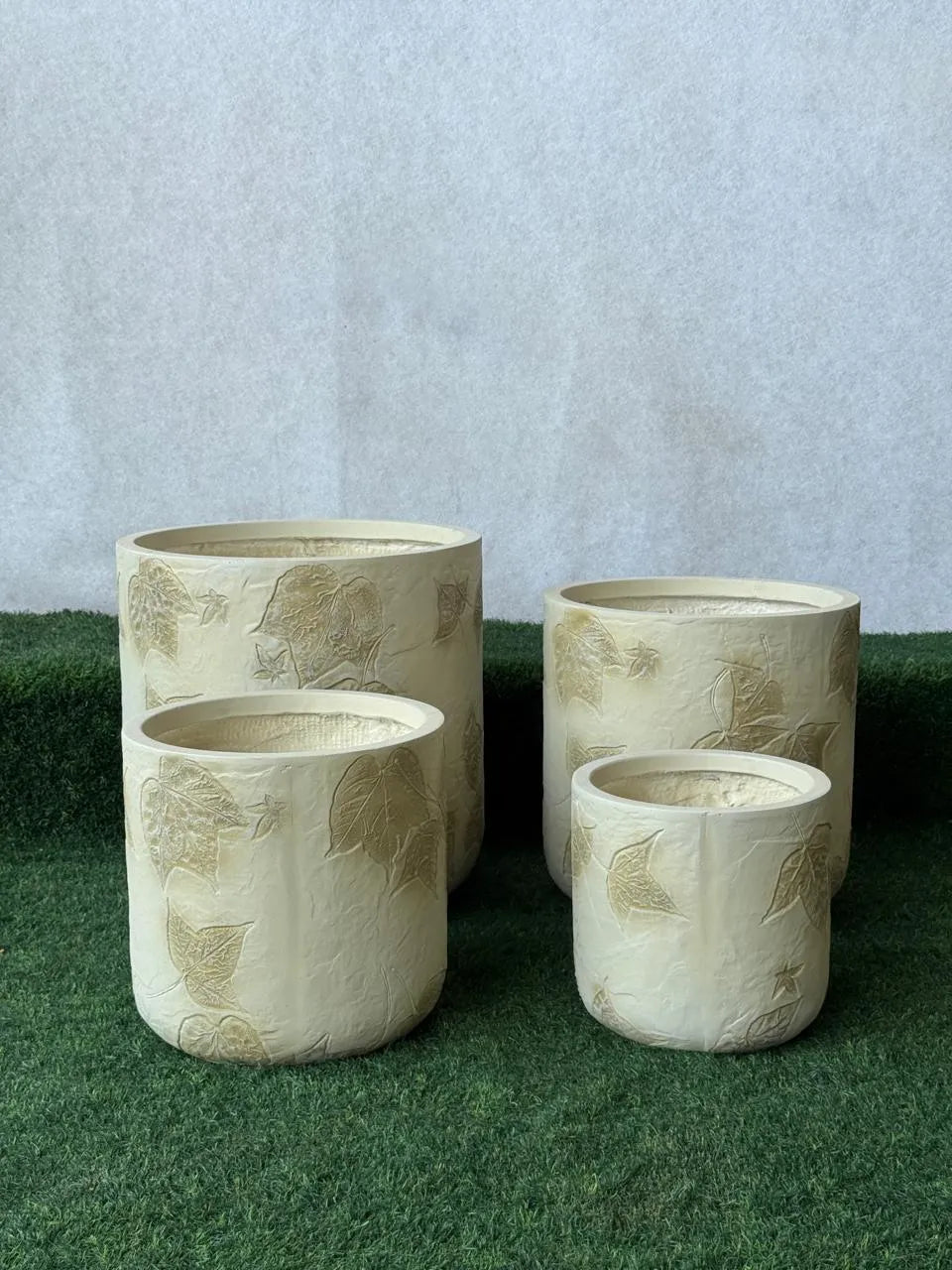 Beige Fiber Pot Set – Textured Leaf Design