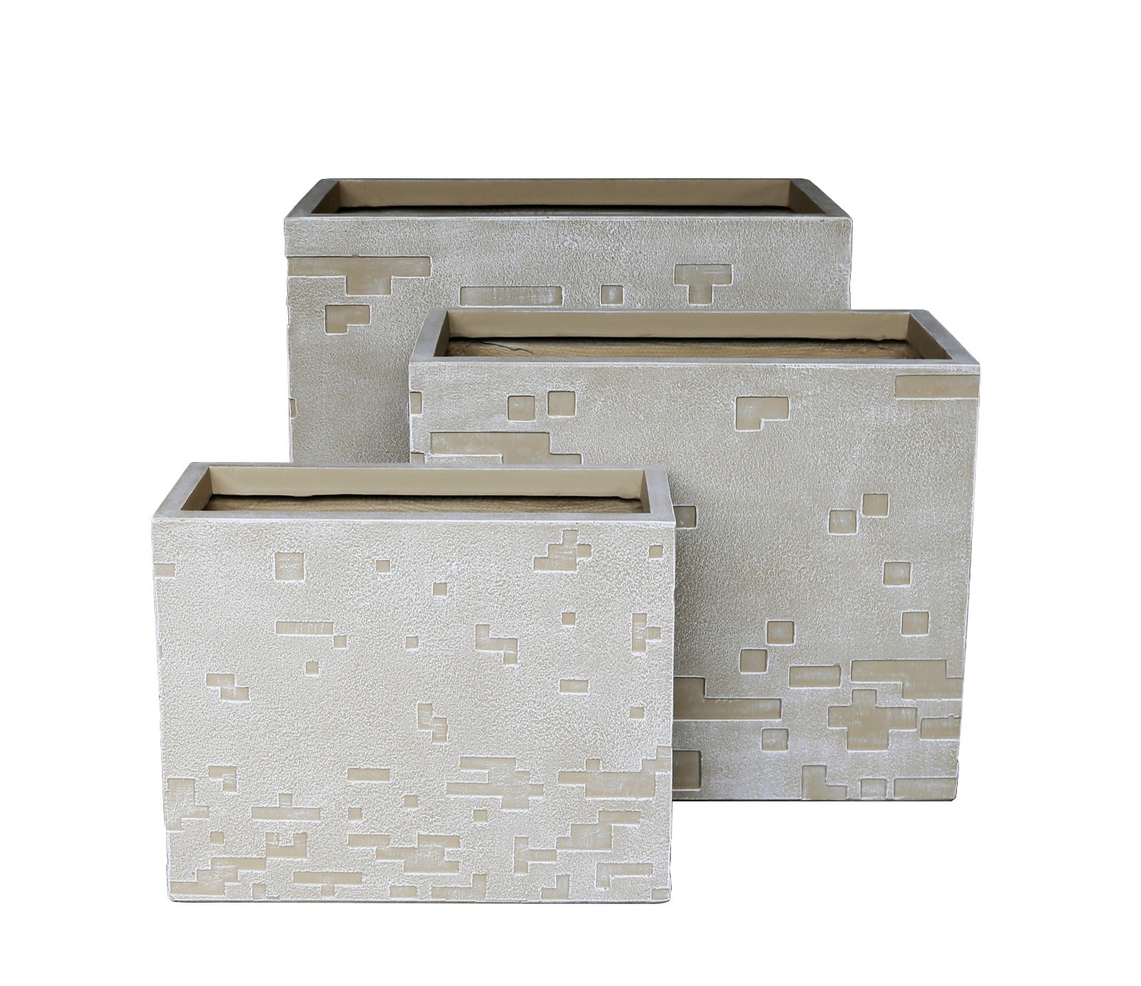 Modern Geometric Textured Rectangular Planter Set – Beige Concrete Look