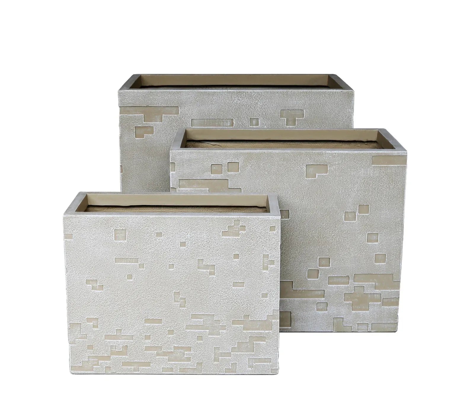 Modern Geometric Textured Rectangular Planter Set (3) in beige concrete look, stylish indoor/outdoor decor in Dubai.
