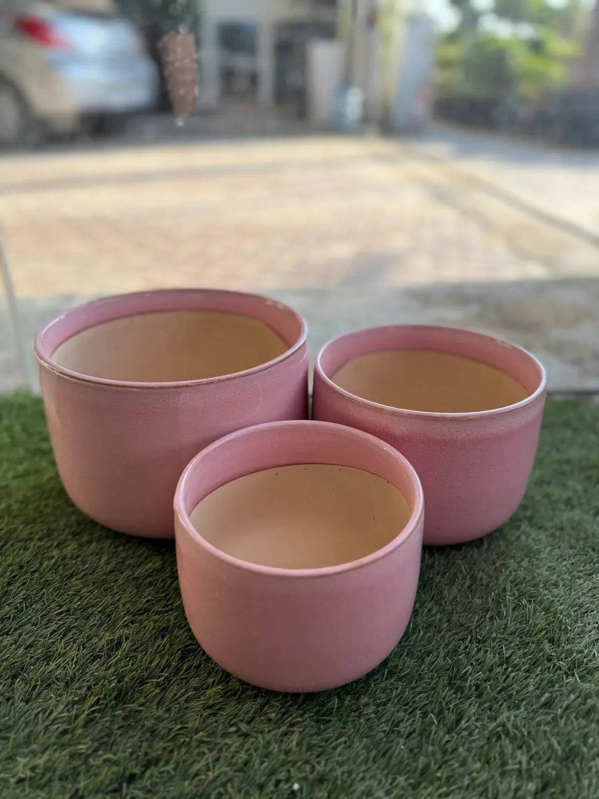 Set of 3 small pink pots, stylish planters for succulents, cacti, and home office decor in Dubai.