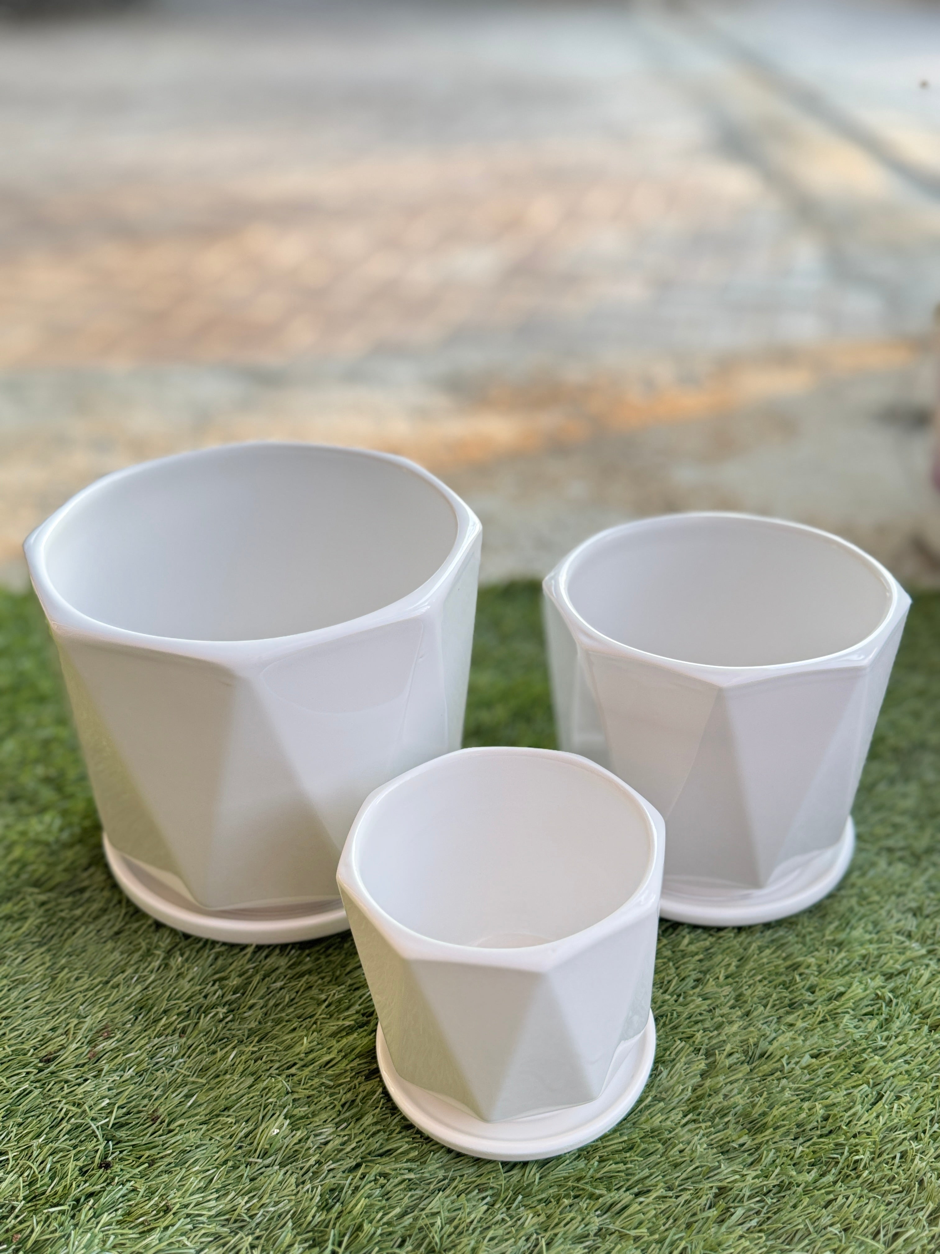 White Ceramic Planter Set – Modern Geometric Pots (Set of 3) | Mughel Gardens